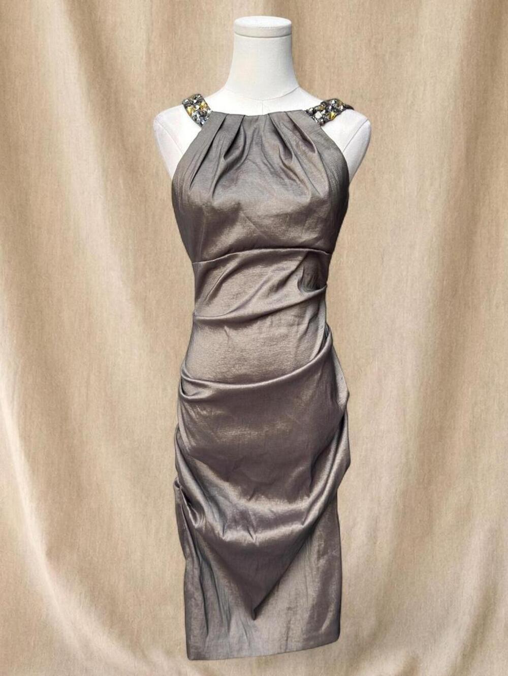 Cache metallic silver bodycon midi dress with beaded straps and ruched detailing